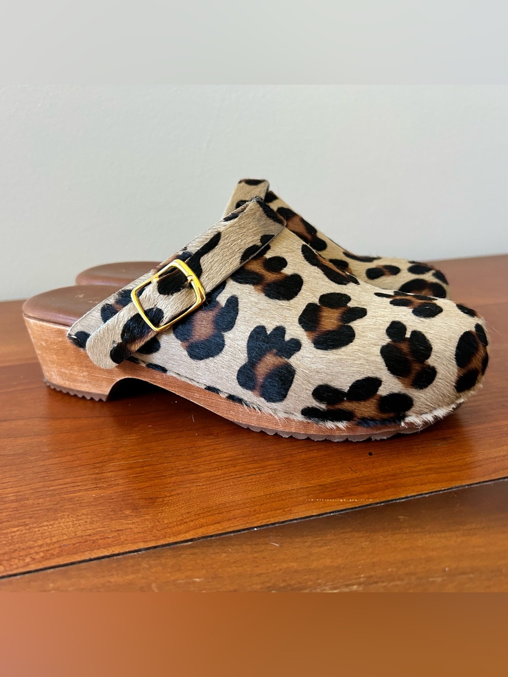 Anthropologie Leopard-Print Clogs with Gold Buckle leather fur